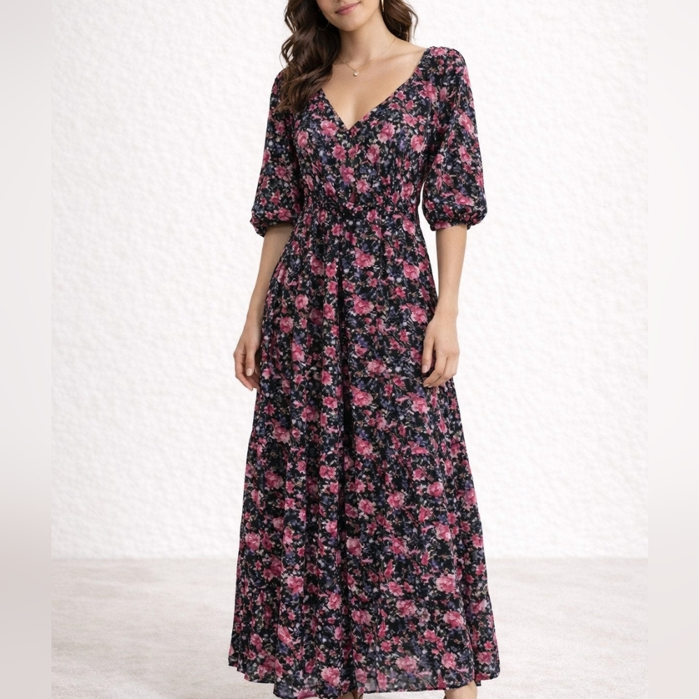 Lucy Paris Pink and Black Floral Maxi Dress